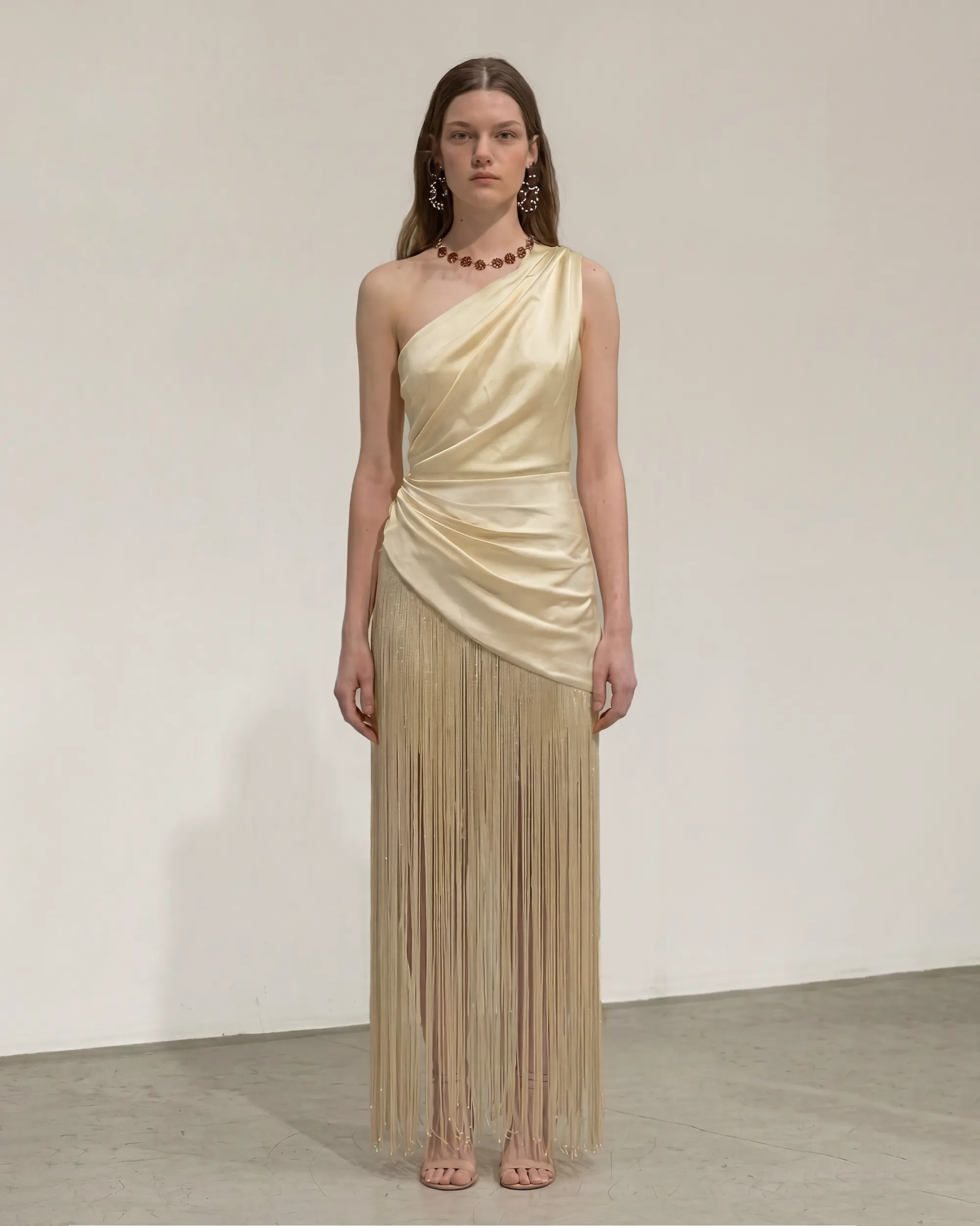 Satin One Shoulder Fringe Dress - Champagne sold by JW PEI