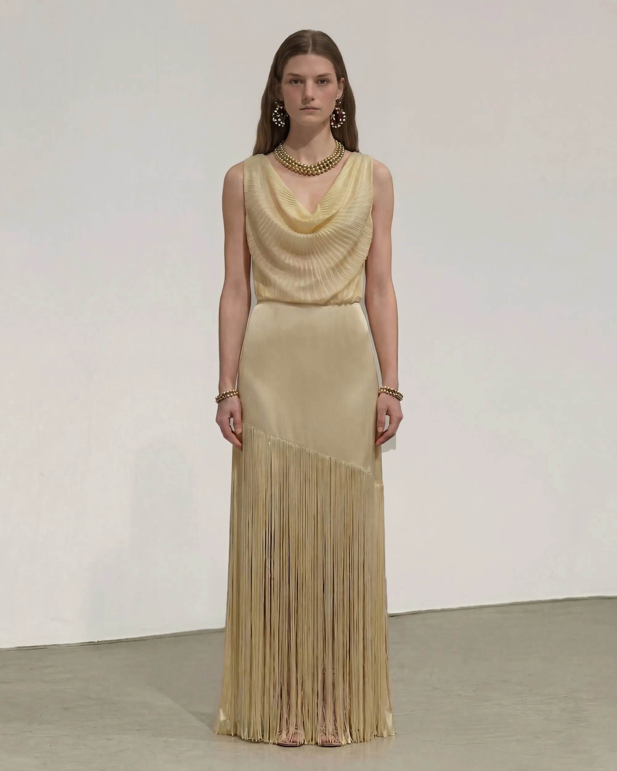 Pleated Cowl Neck Fringe Maxi Dress - Champagne sold by JW PEI