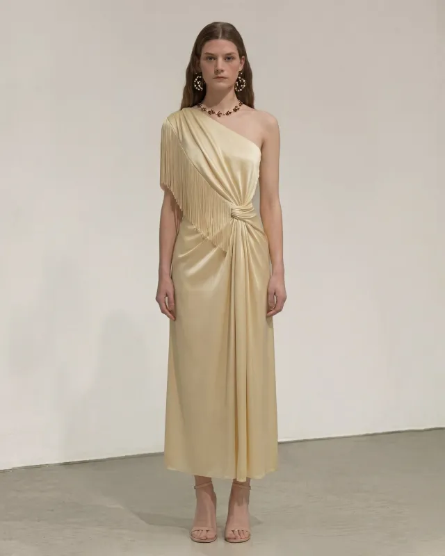 Fringed Satin One Shoulder Dress - Champagne made by JW PEI