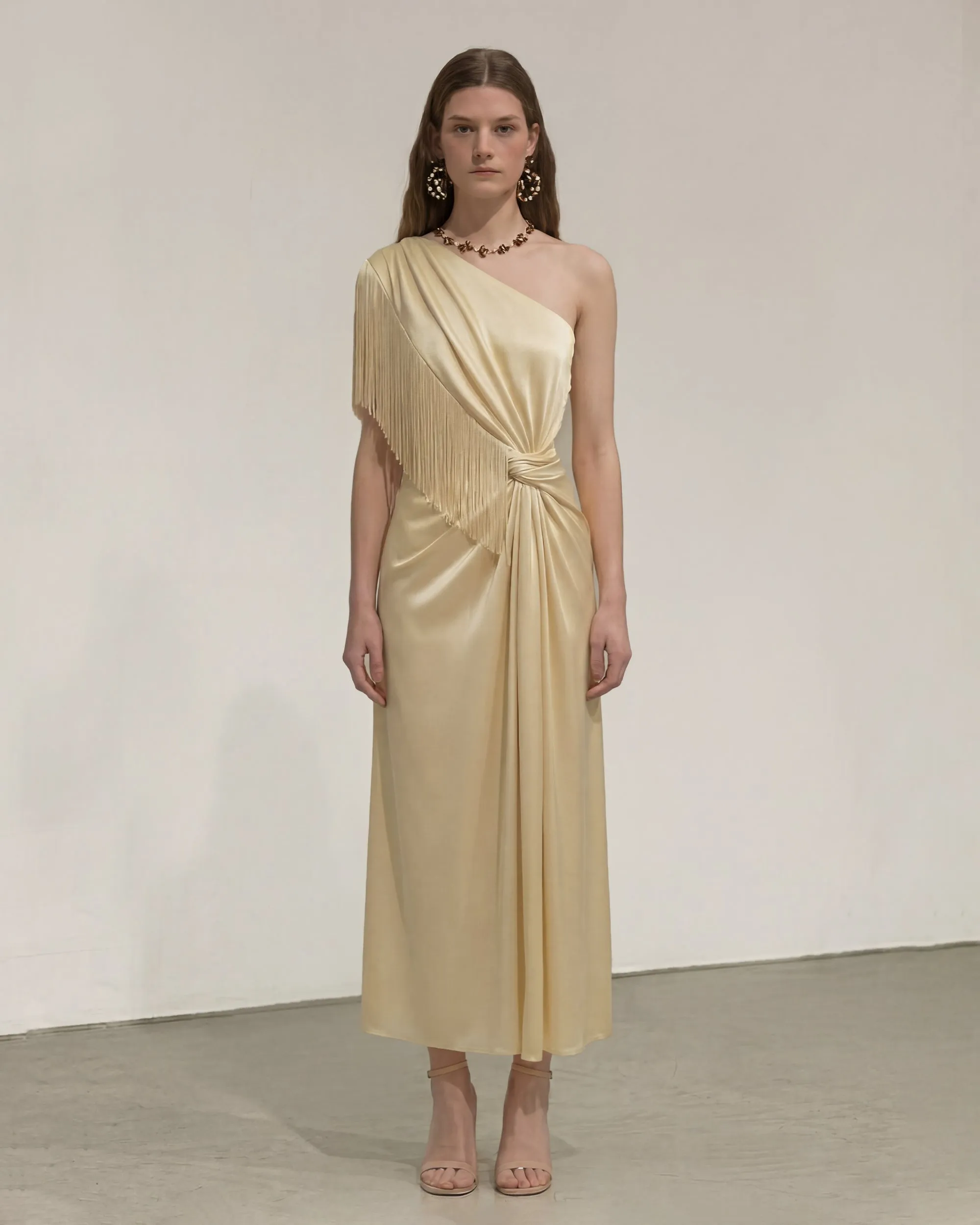 Fringed Satin One Shoulder Dress - Champagne sold by JW PEI