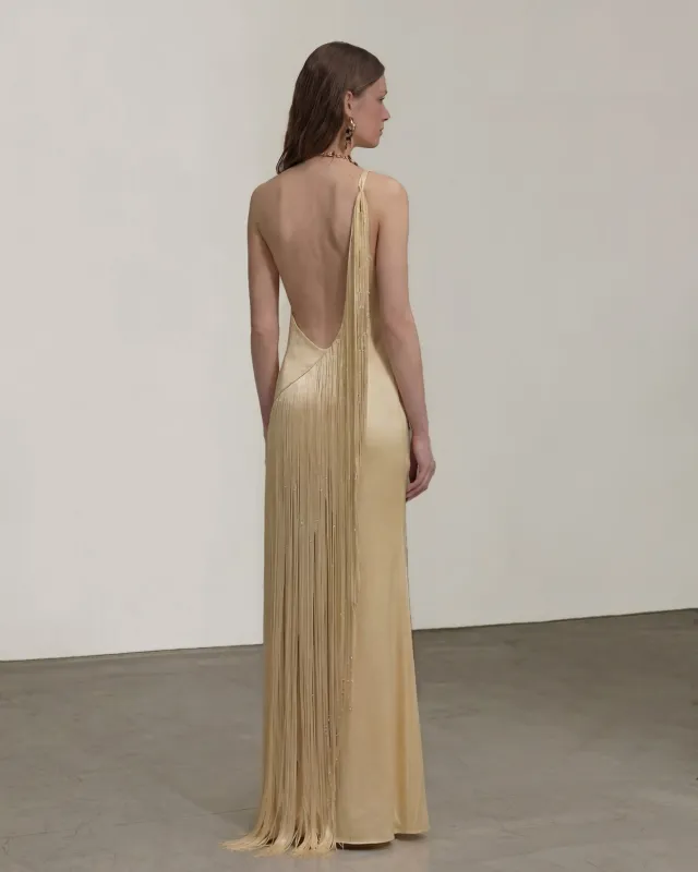 Fringe One Shoulder Maxi Dress - Champagne made by JW PEI
