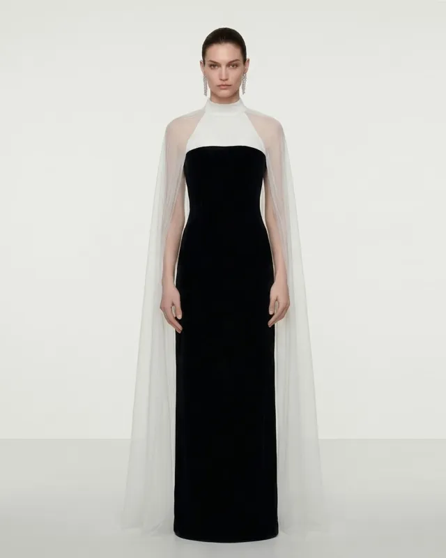 Elegant Cape Maxi Dress - Black White made by JW PEI