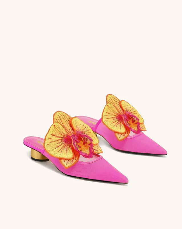 Helena Embroidery Decoration Pierced Mules - Rose Red made by JW PEI