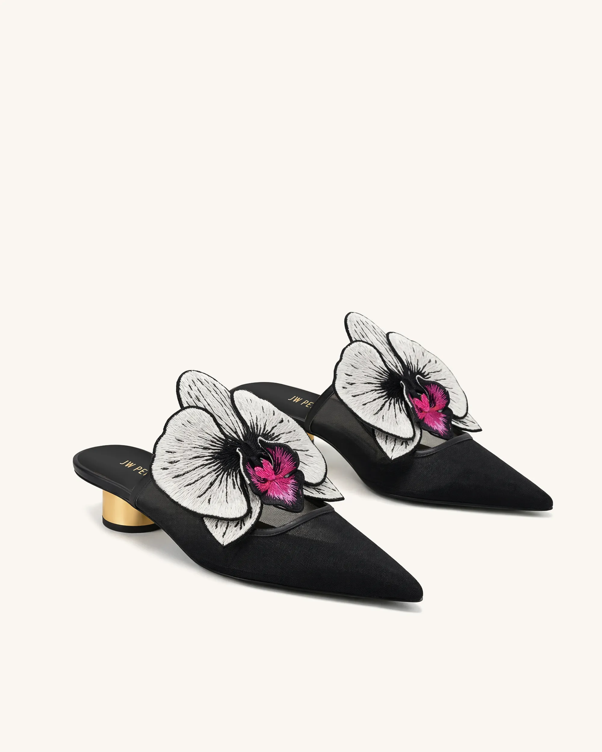 Helena Embroidery Decoration Pierced Mules - Black sold by JW PEI