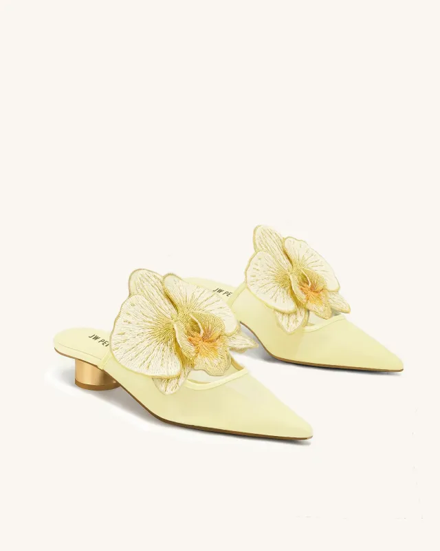 Helena Embroidery Decoration Pierced Mules - Yellow made by JW PEI