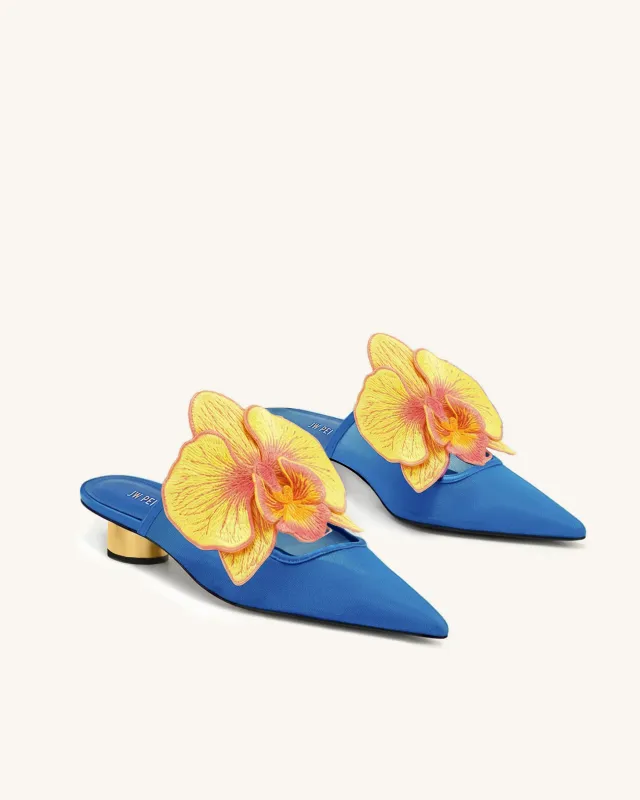 Helena Embroidery Decoration Pierced Mules - Deep Blue made by JW PEI