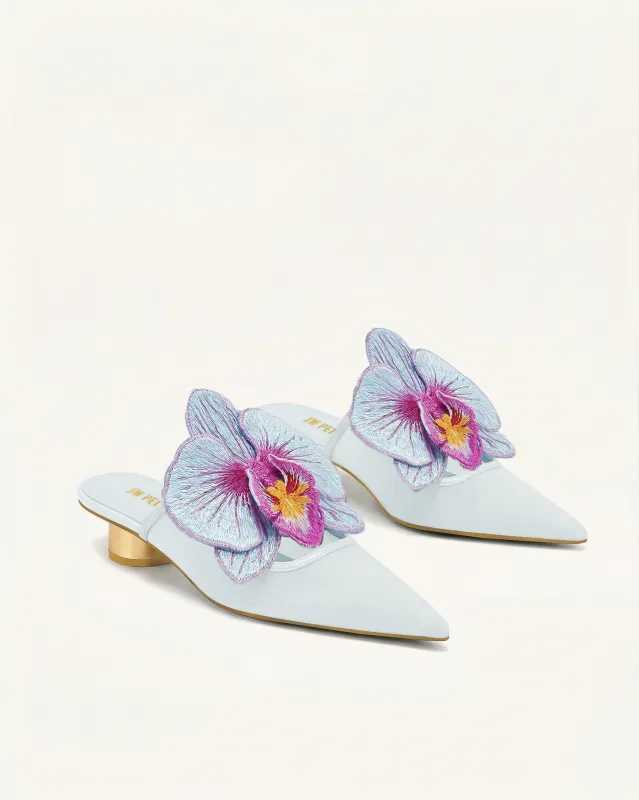 Helena Embroidery Decoration Pierced Mules - Light Blue made by JW PEI