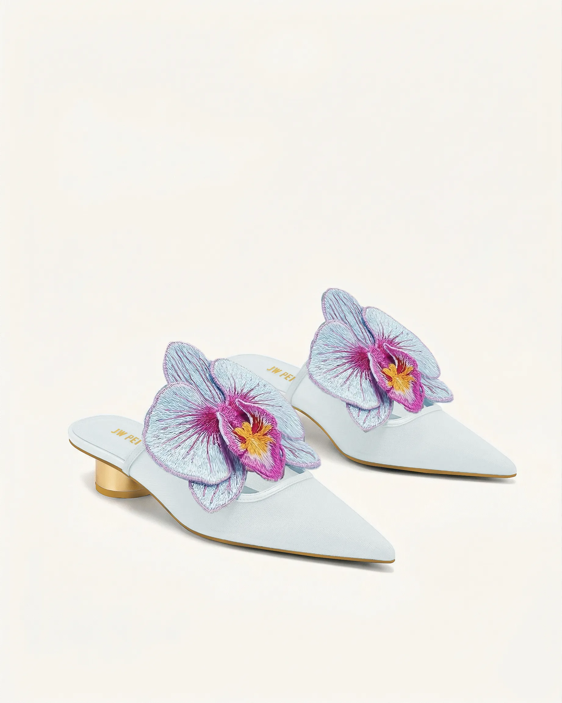 Helena Embroidery Decoration Pierced Mules - Light Blue sold by JW PEI