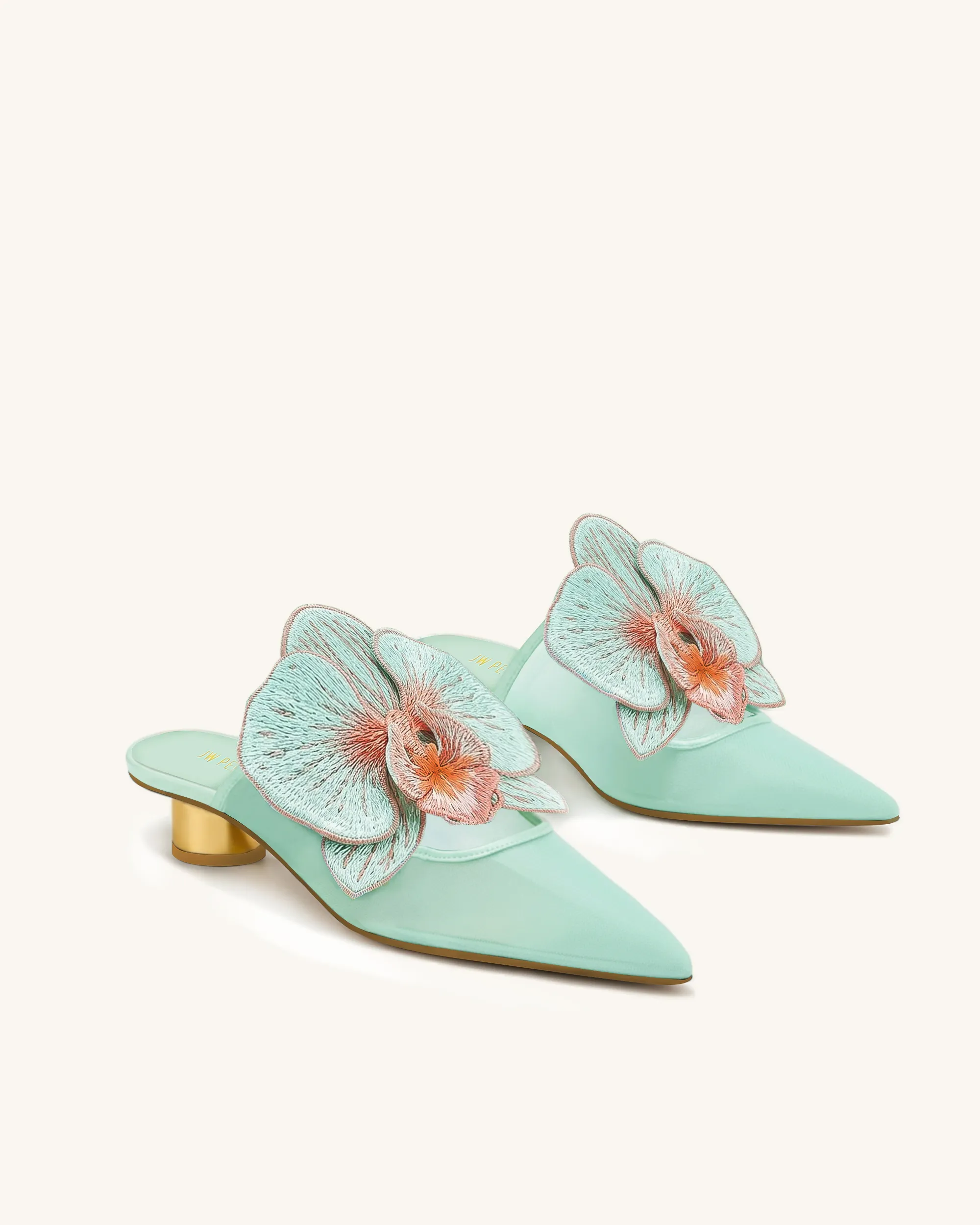 Helena Embroidery Decoration Pierced Mules - Green sold by JW PEI