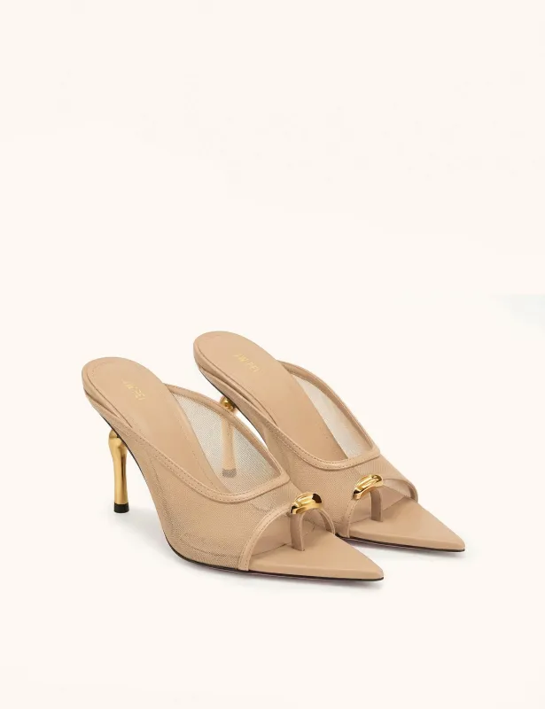 Noemi Pointed-Toe Mesh Mule Heels - Khaki made by JW PEI
