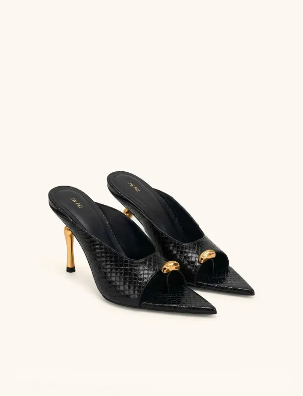 Noemi Pointed-Toe Snakeskin Mule Heels - Black made by JW PEI