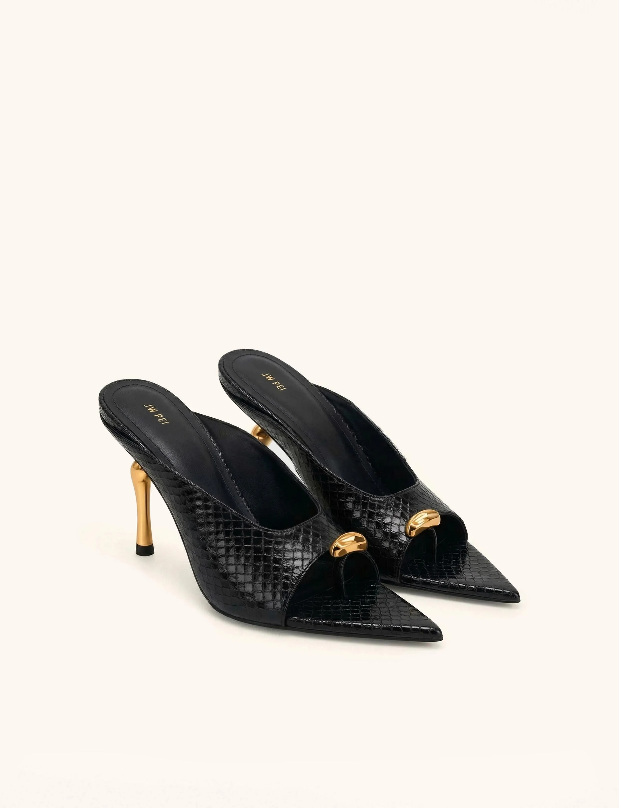 Noemi Pointed-Toe Snakeskin Mule Heels - Black sold by JW PEI