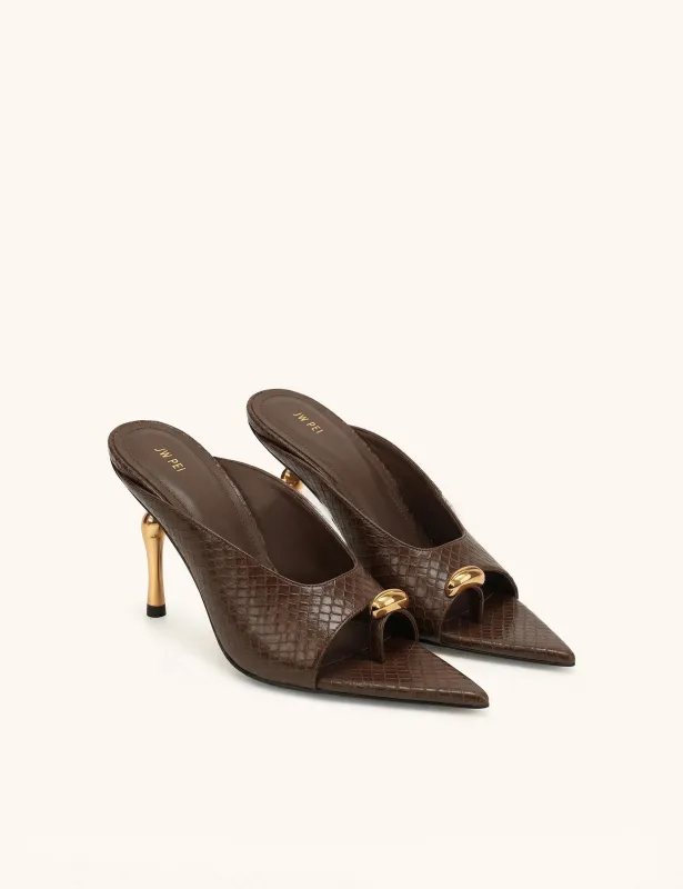 Noemi Pointed-Toe Snakeskin Mule Heels - Brown made by JW PEI
