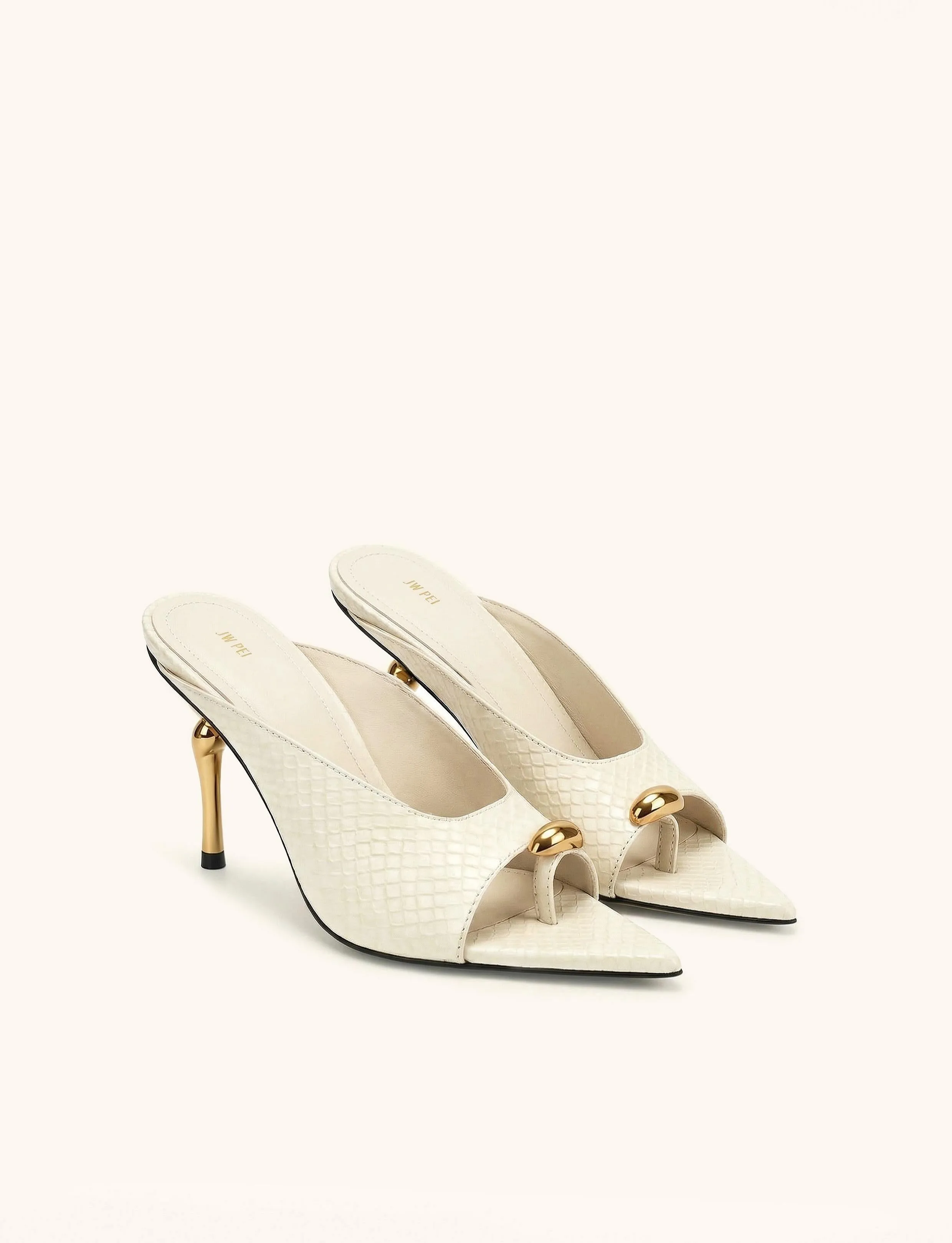 Noemi Pointed-Toe Snakeskin Mule Heels - Ivory sold by JW PEI