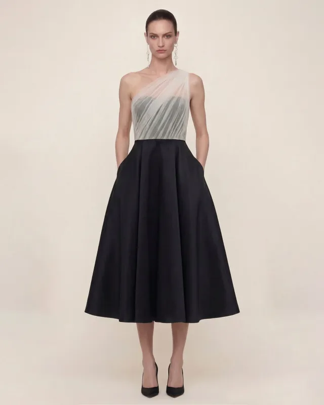 One Shoulder Tulle Midi Dress - Black White made by JW PEI