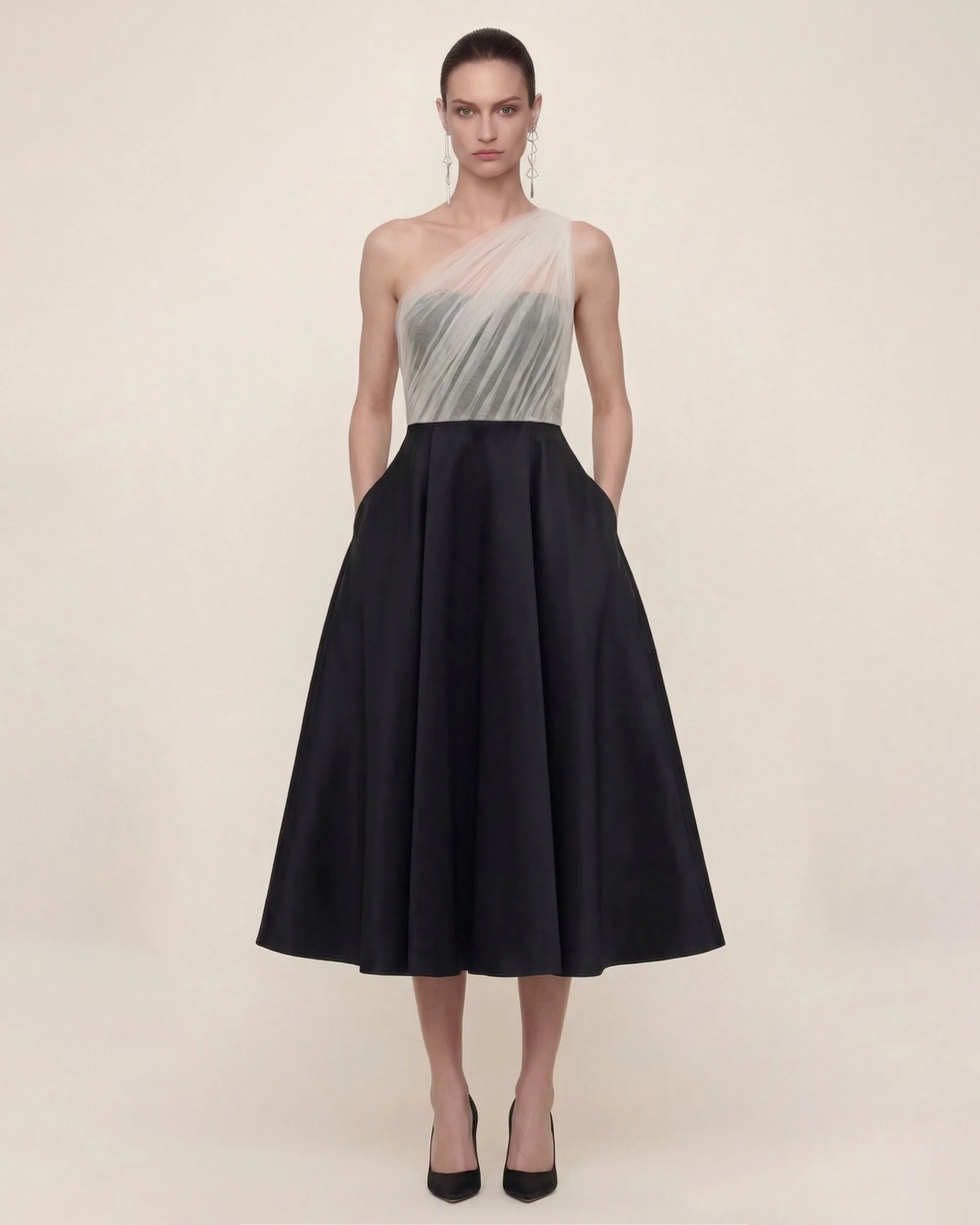 One Shoulder Tulle Midi Dress - Black White sold by JW PEI
