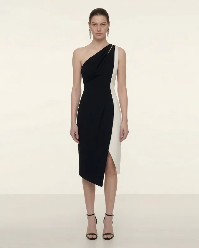 One Shoulder Colorblock Midi Dress - Black White made by JW PEI