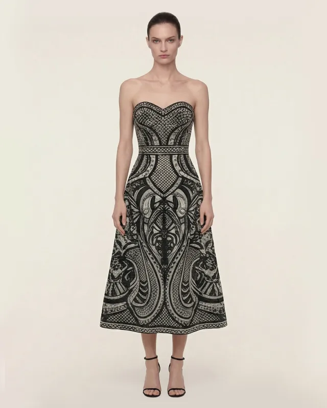 Baroque Strapless Printed Midi Dress - Black/Grey made by JW PEI