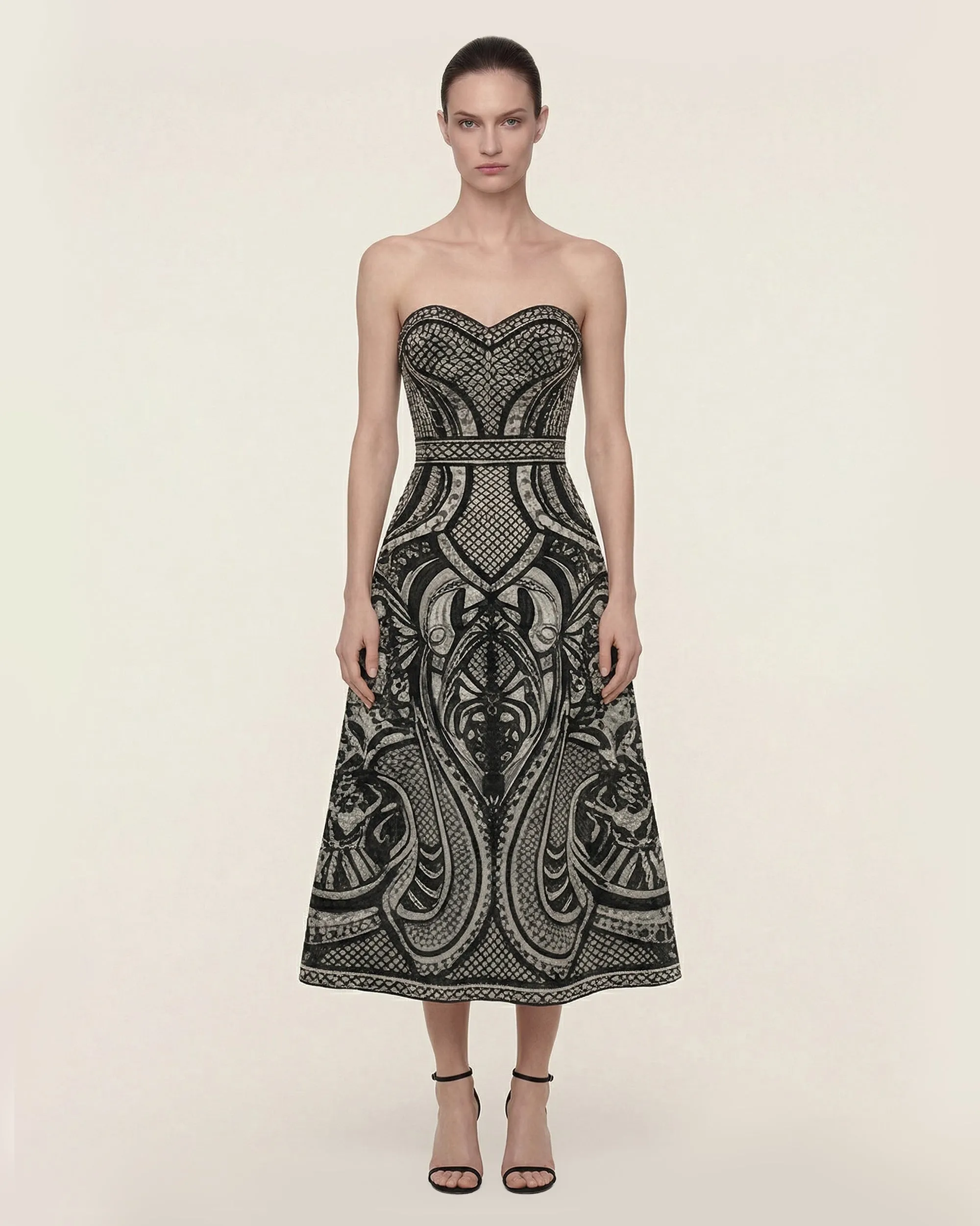 Baroque Strapless Printed Midi Dress - Black/Grey sold by JW PEI