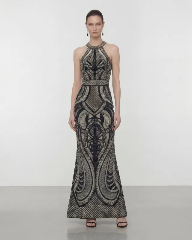 Baroque Halter Printed Maxi Dress - Black/Grey made by JW PEI