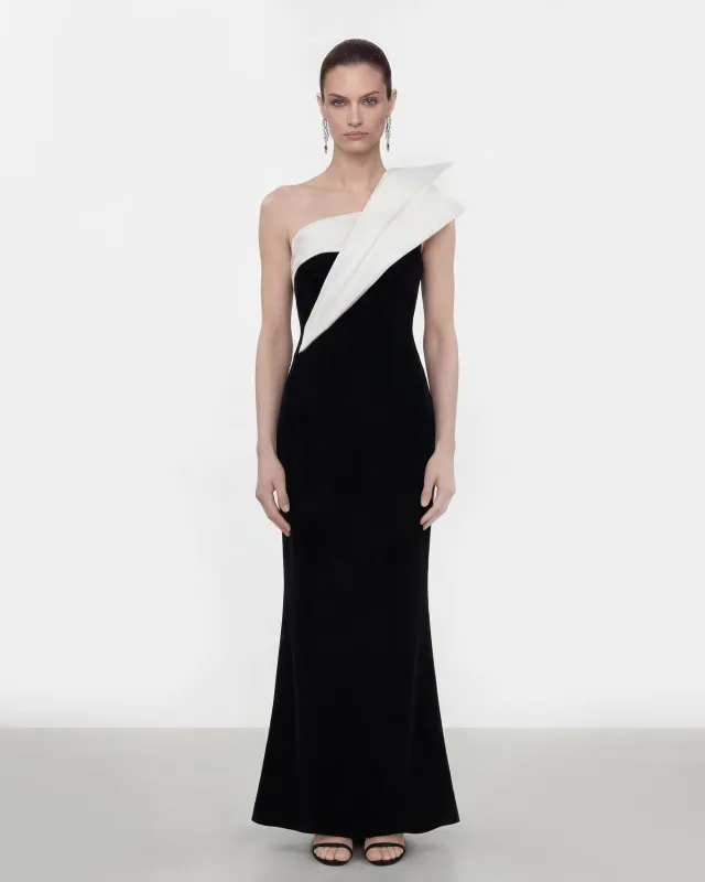One Shoulder Colorblock Evening Dress - Black White made by JW PEI