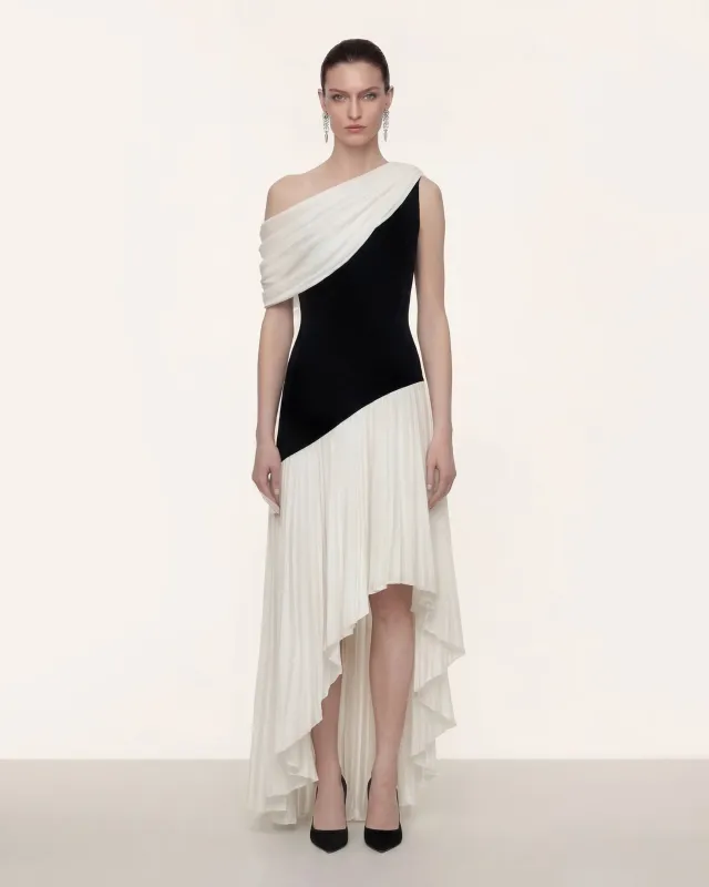 Asymmetrical Pleated One Shoulder Dress - Black White made by JW PEI