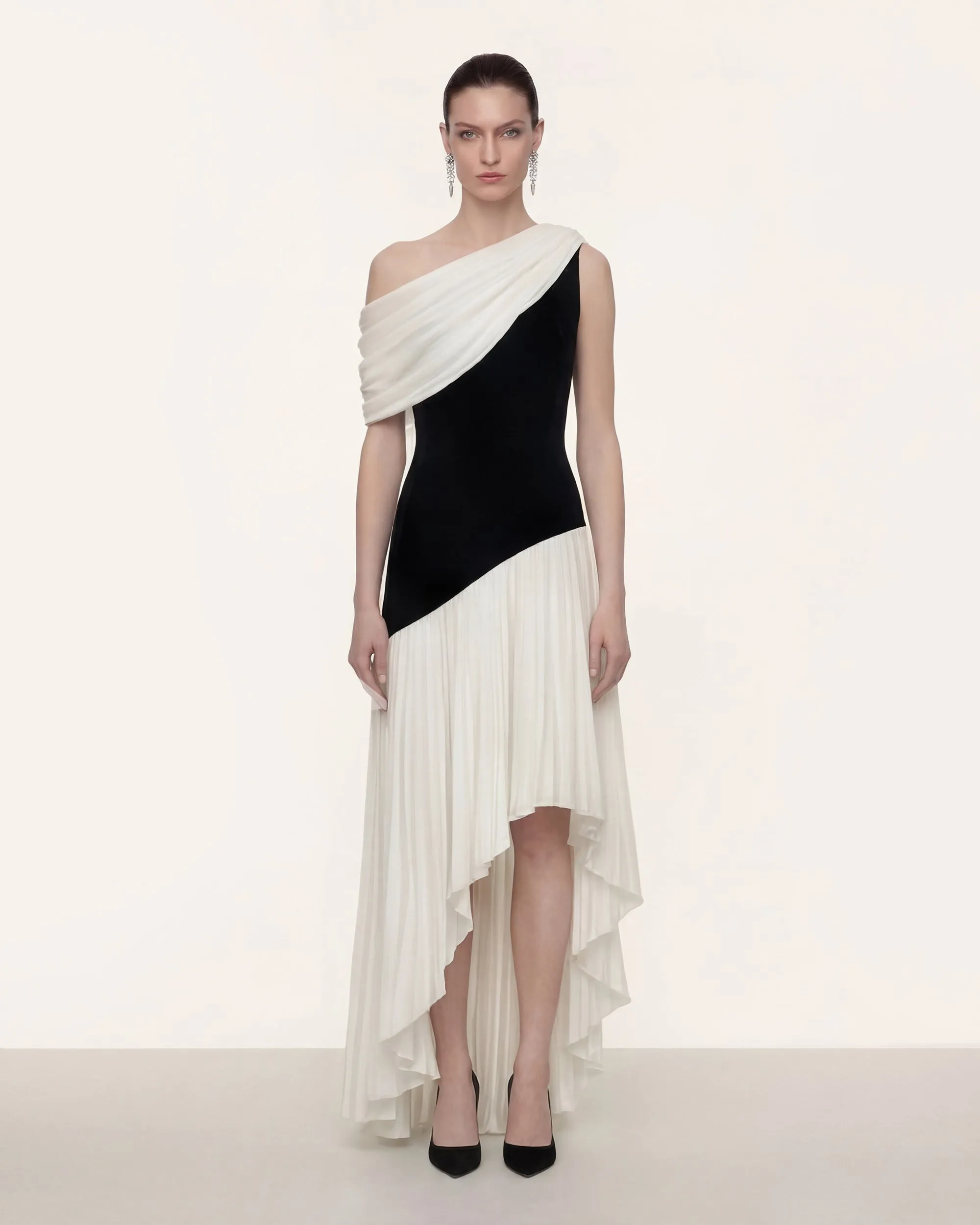 Asymmetrical Pleated One Shoulder Dress - Black White sold by JW PEI