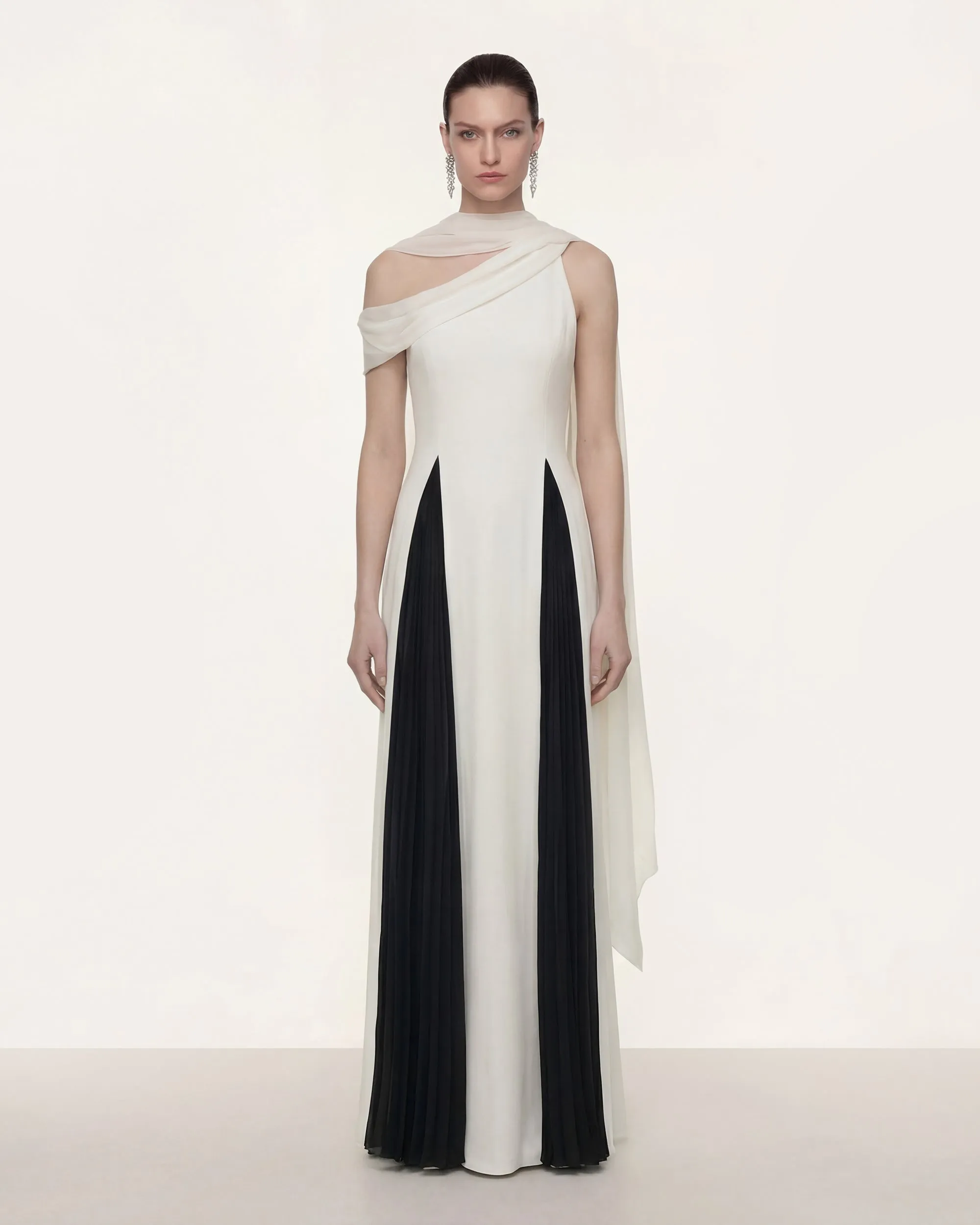 Elegant Pleated Panel Evening Dress - Black White sold by JW PEI