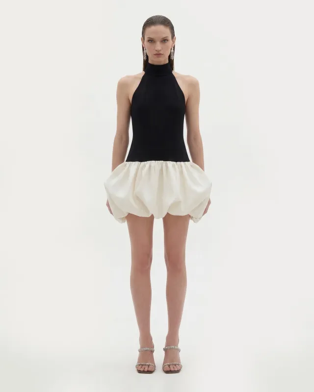 Contrast Halter Bubble Mini Dress - Black White made by JW PEI
