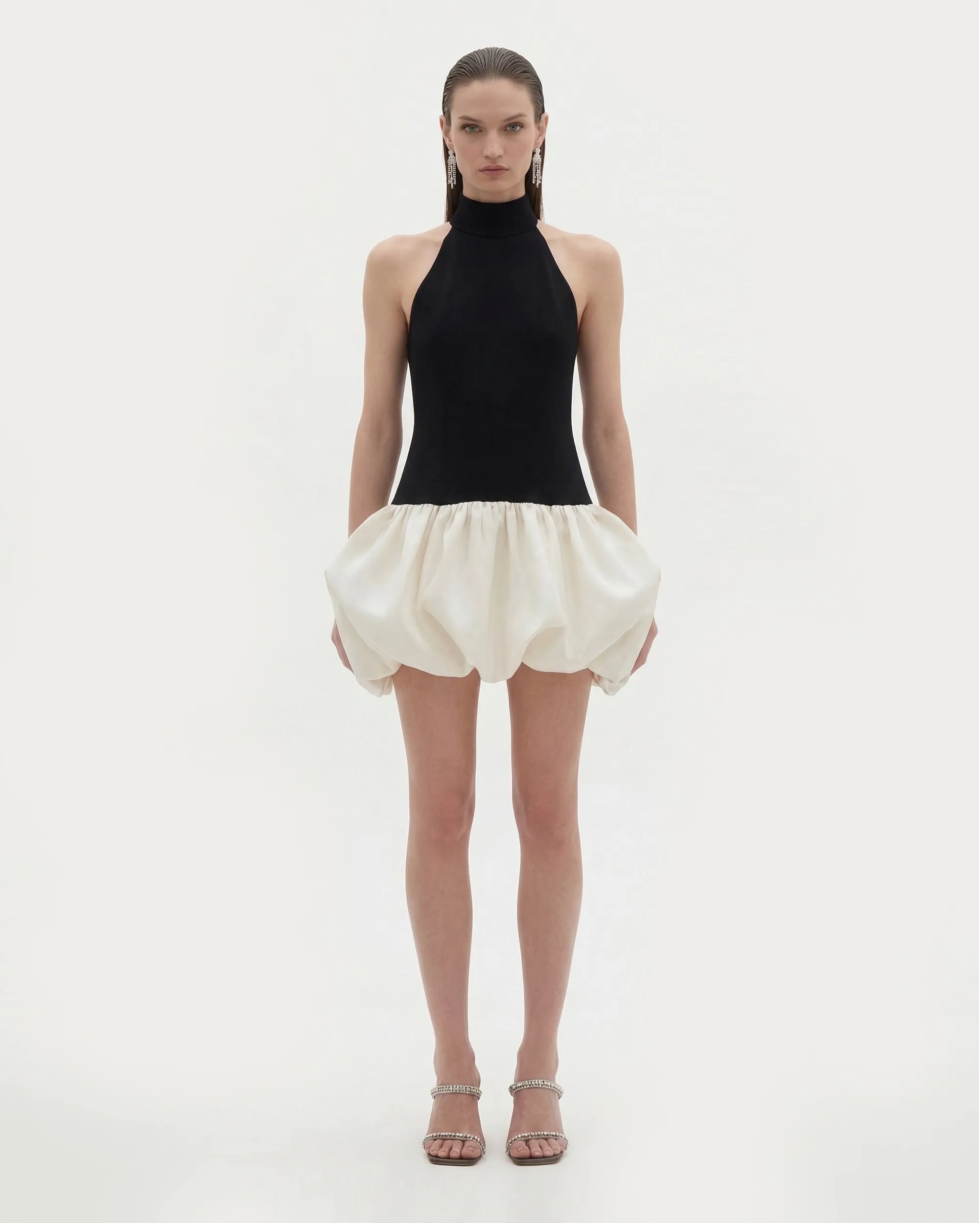 Contrast Halter Bubble Mini Dress - Black White sold by JW PEI