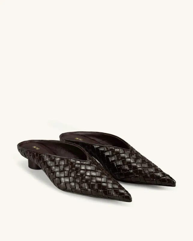 Helena Woven Textured Pointed Toe Mules - Dark Brown made by JW PEI