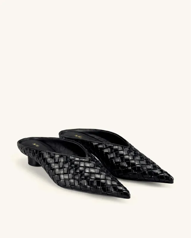 Helena Woven Textured Pointed Toe Mules - Black made by JW PEI
