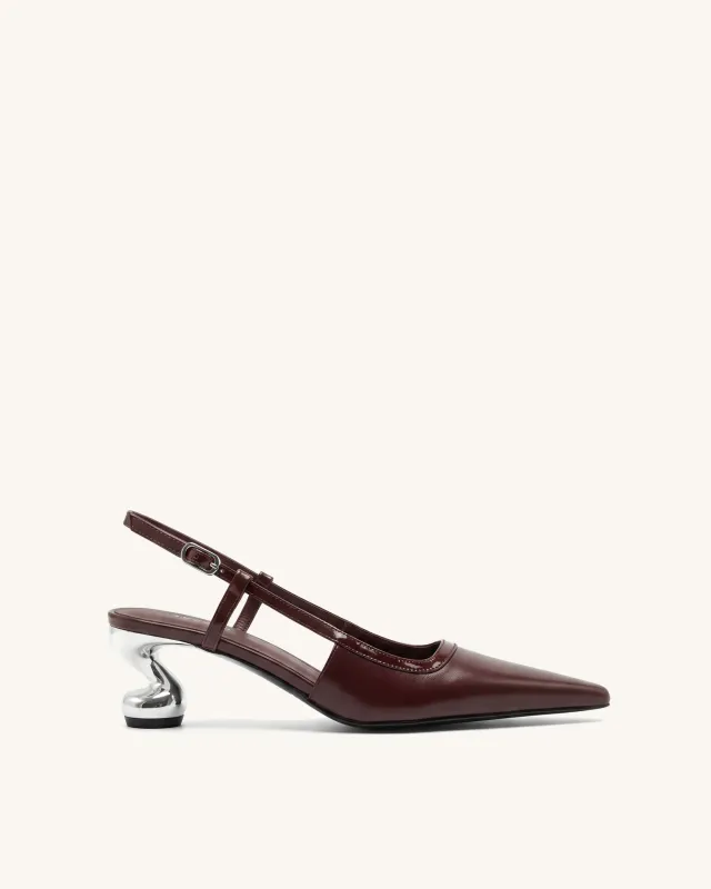 Hannah Sculptural Heel T-Strap Slingback Pumps - Burgundy made by JW PEI