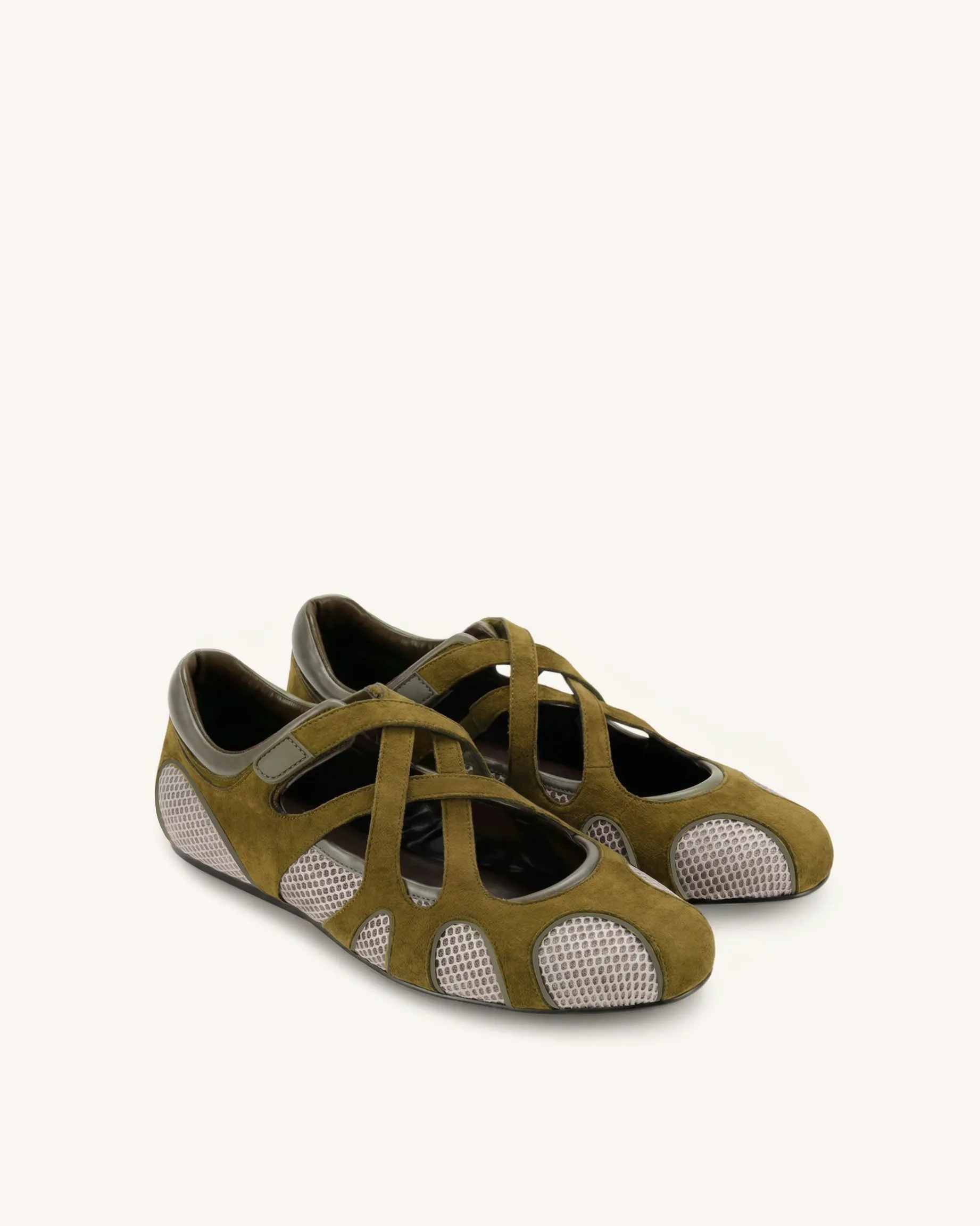 Thalia Mesh Panel Multi-Strap Ballet Flats - Olive Green sold by JW PEI