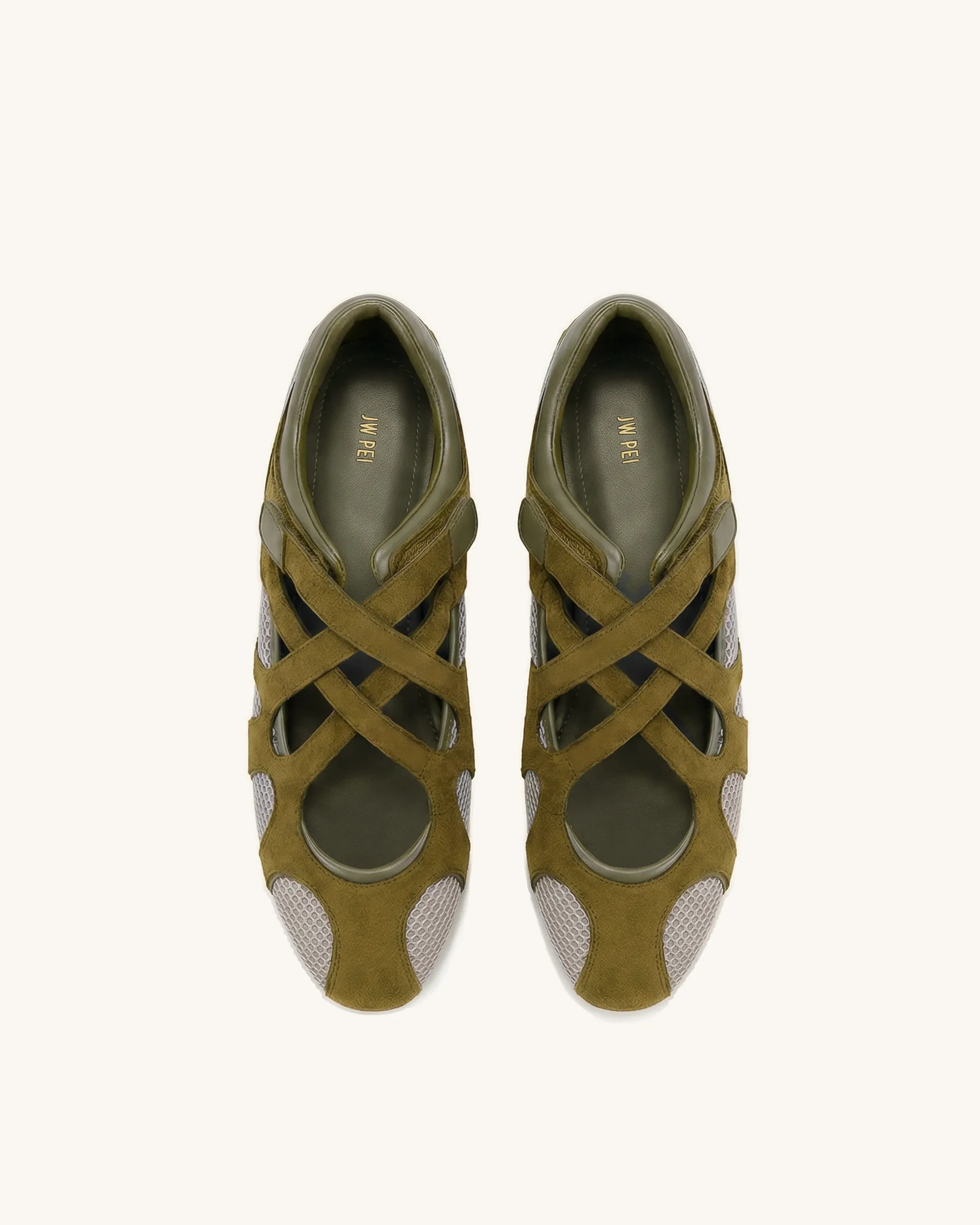 Thalia Mesh Panel Multi-Strap Ballet Flats - Olive Green sold by JW PEI product image thumbnail 2