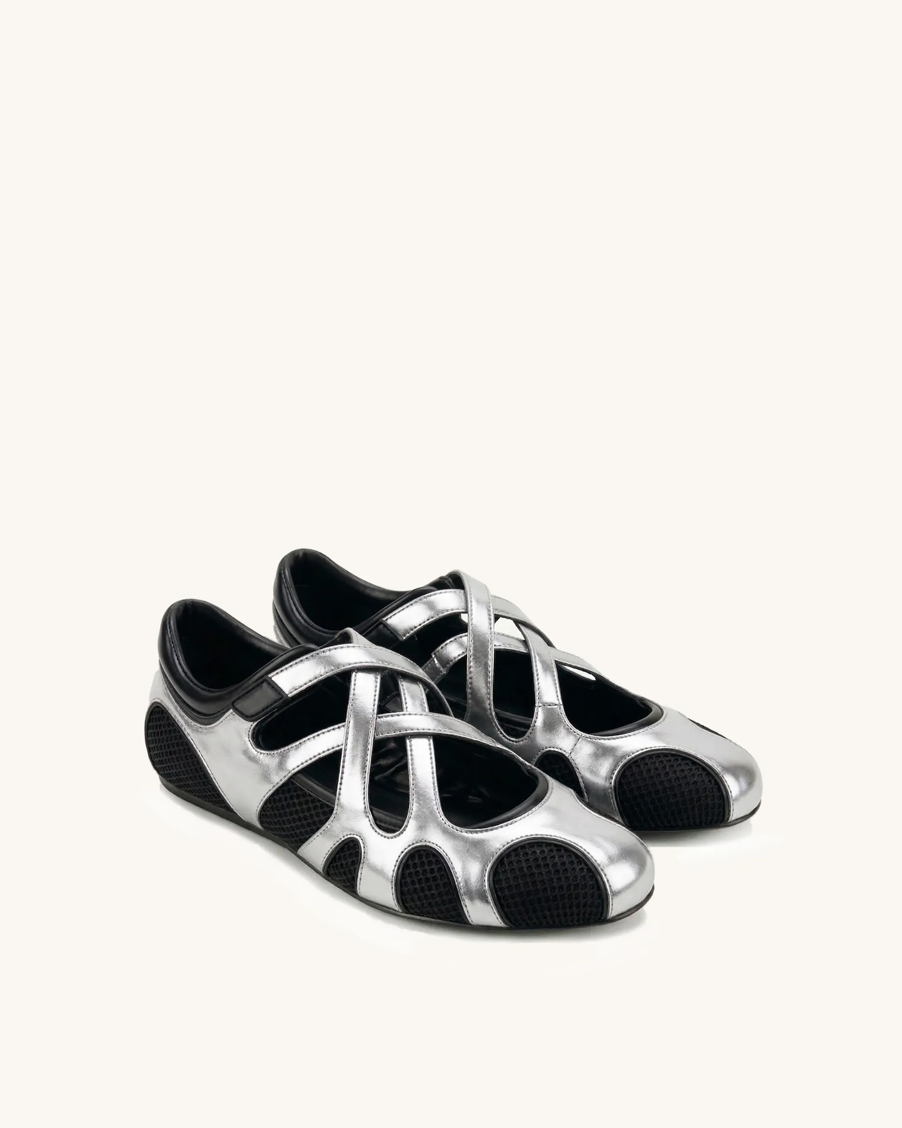 Thalia Mesh Panel Multi-Strap Ballet Flats - Silver & Black sold by JW PEI