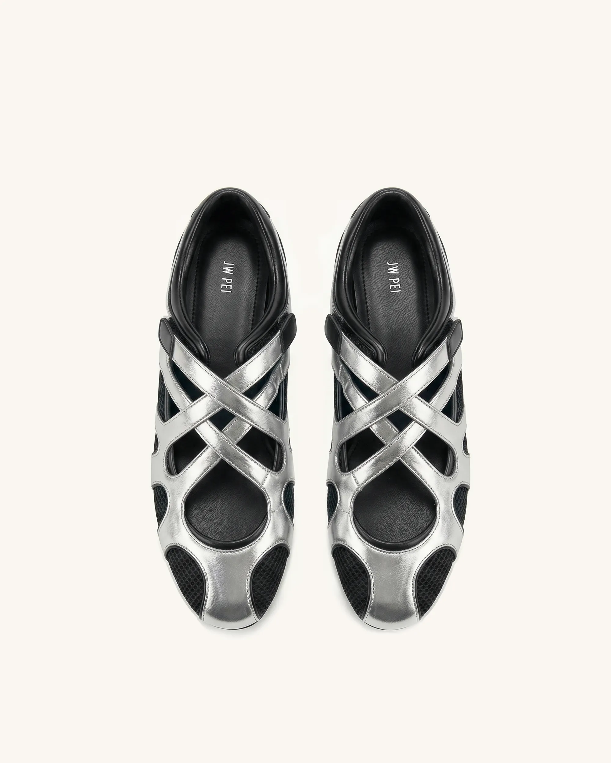 Thalia Mesh Panel Multi-Strap Ballet Flats - Silver & Black sold by JW PEI product image thumbnail 2