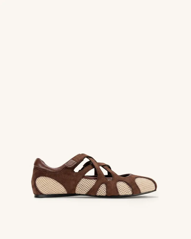 Thalia Mesh Panel Multi-Strap Ballet Flats - Brown Beige made by JW PEI