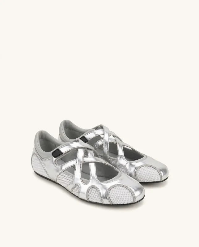 Thalia Mesh Panel Multi-Strap Ballet Flats - Silver made by JW PEI