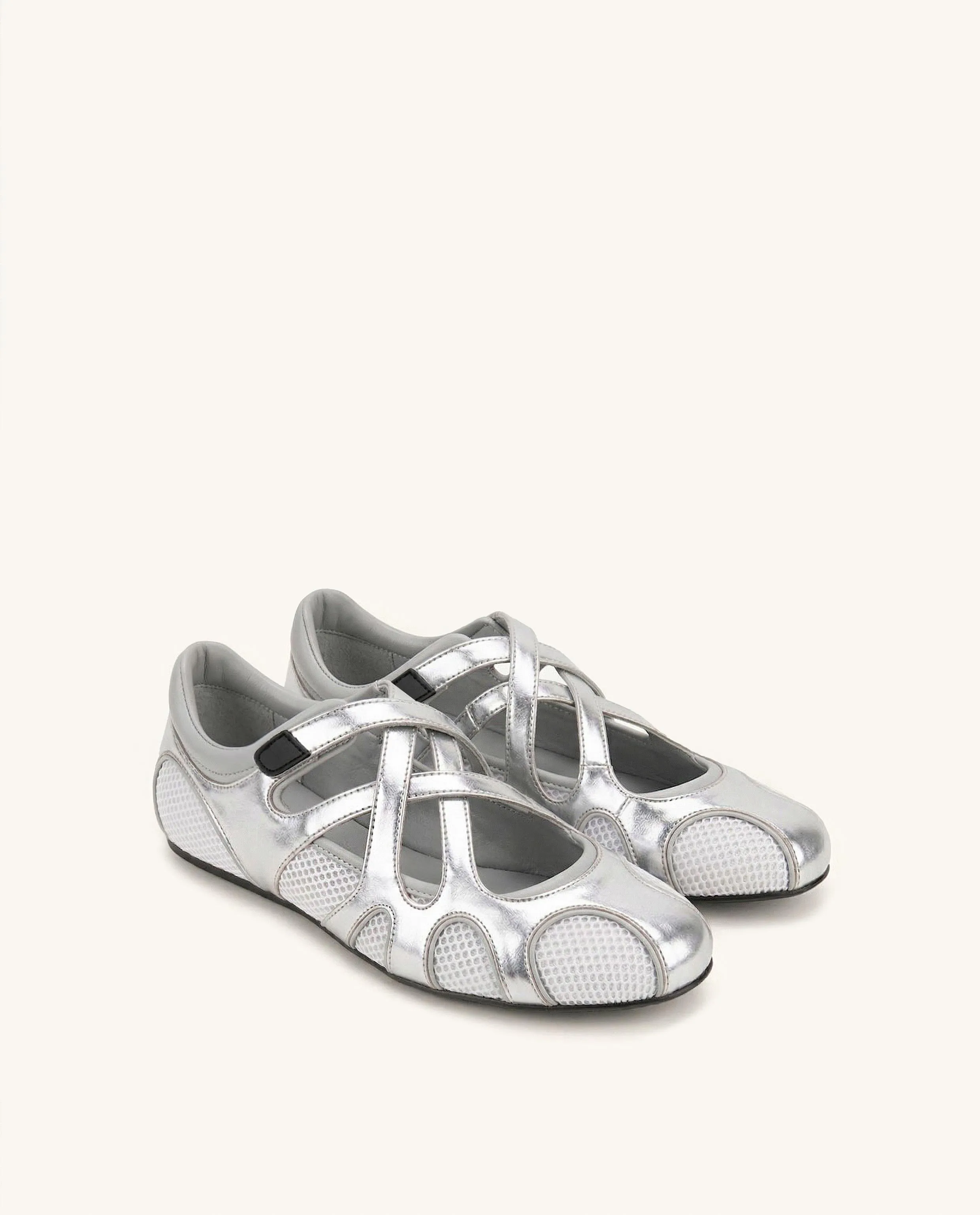 Thalia Mesh Panel Multi-Strap Ballet Flats - Silver sold by JW PEI
