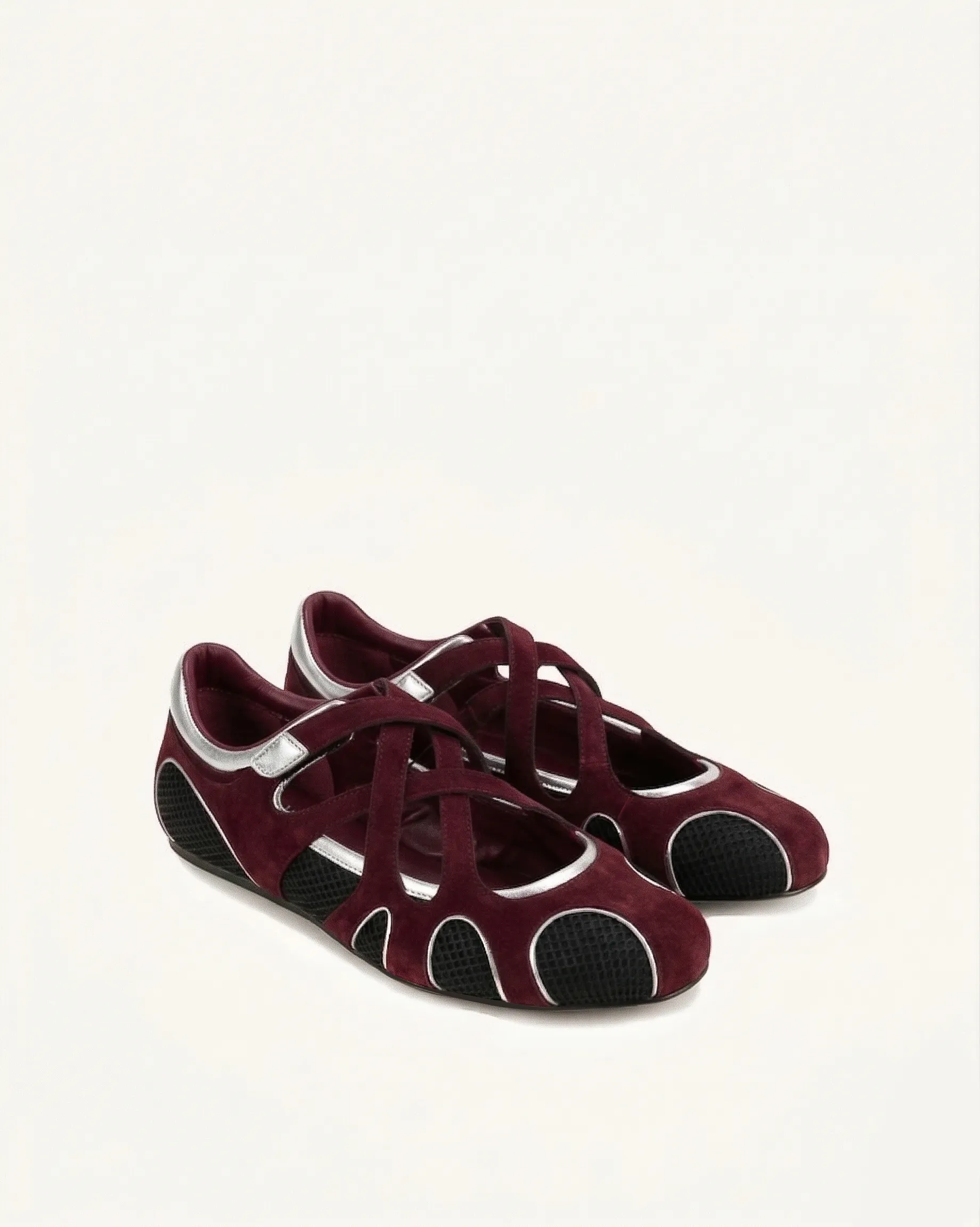 Thalia Mesh Panel Multi-Strap Ballet Flats - Burgundy sold by JW PEI