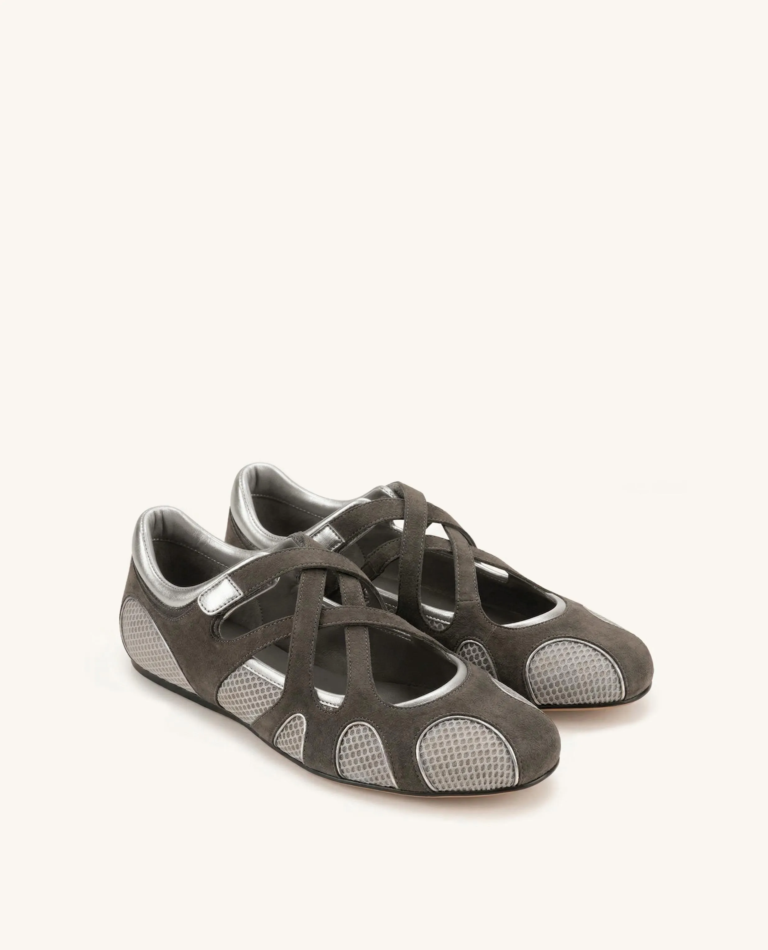 Thalia Mesh Panel Multi-Strap Ballet Flats - Dark Grey sold by JW PEI