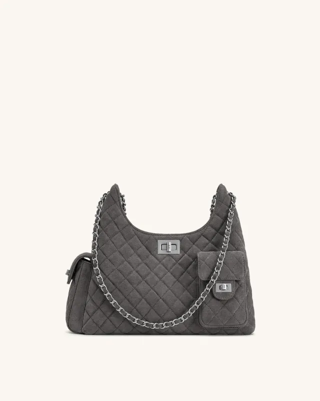 Vivian Faux Suede Quilted Shoulder Bag - Dark Grey made by JW PEI