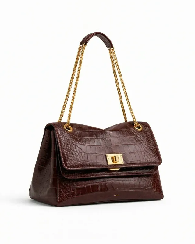 Croc-Embossed Double Flap Chain Shoulder Bag - Brown made by JW PEI