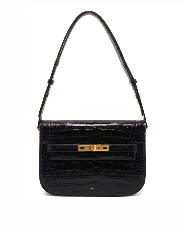Mia Croc-Embossed Lock Closure Shoulder Bag - Black made by JW PEI
