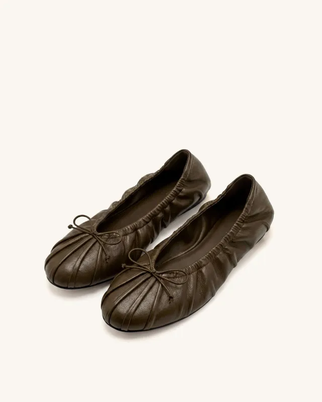 Elara Ruched Drawstring Ballet Flats - Brown made by JW PEI