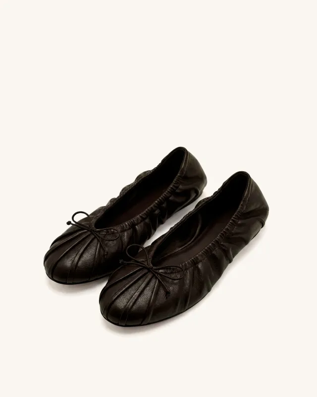 Elara Ruched Drawstring Ballet Flats - Dark Brown made by JW PEI