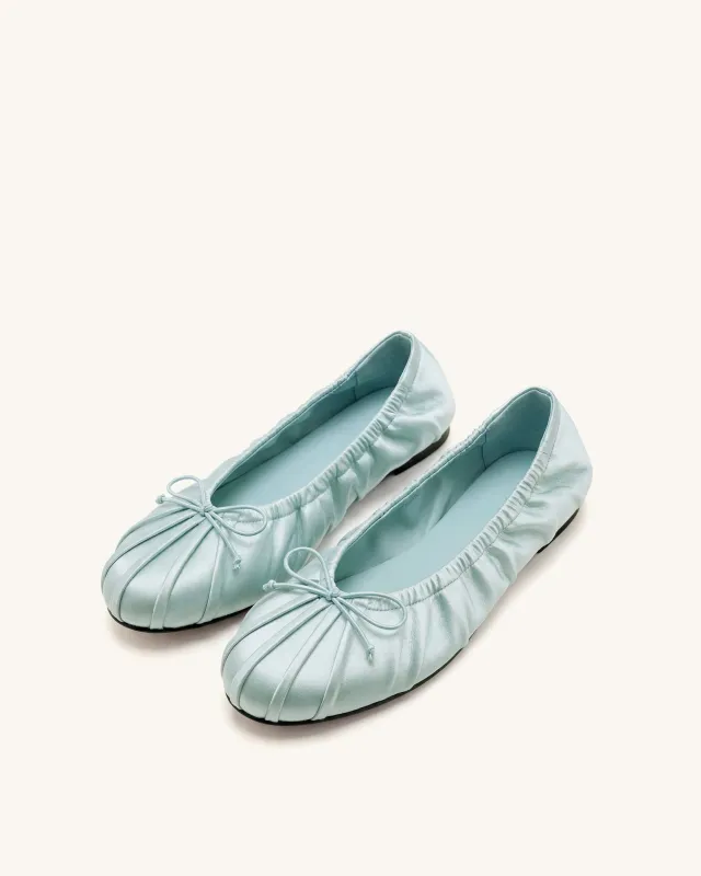 Elara Ruched Drawstring Satin Ballet Flats - Blue made by JW PEI