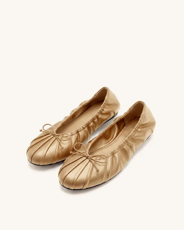 Elara Ruched Drawstring Satin Ballet Flats - Champagne made by JW PEI