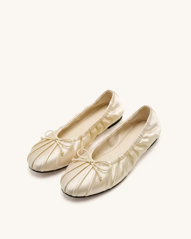 Elara Ruched Drawstring Satin Ballet Flats - Beige made by JW PEI